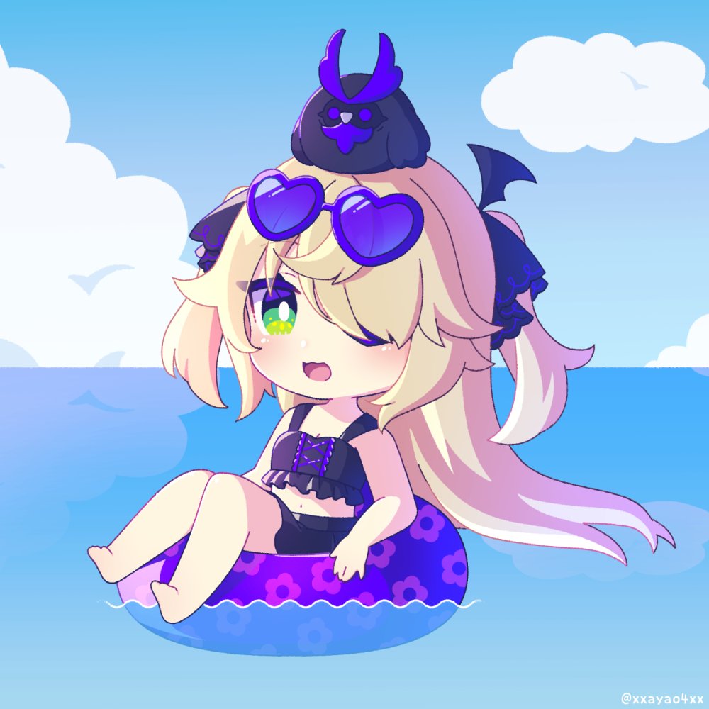 1girl, ayao_(axt1224), bat_ornament, bikini, bikini_skirt, bird, black_bikini, black_ribbon