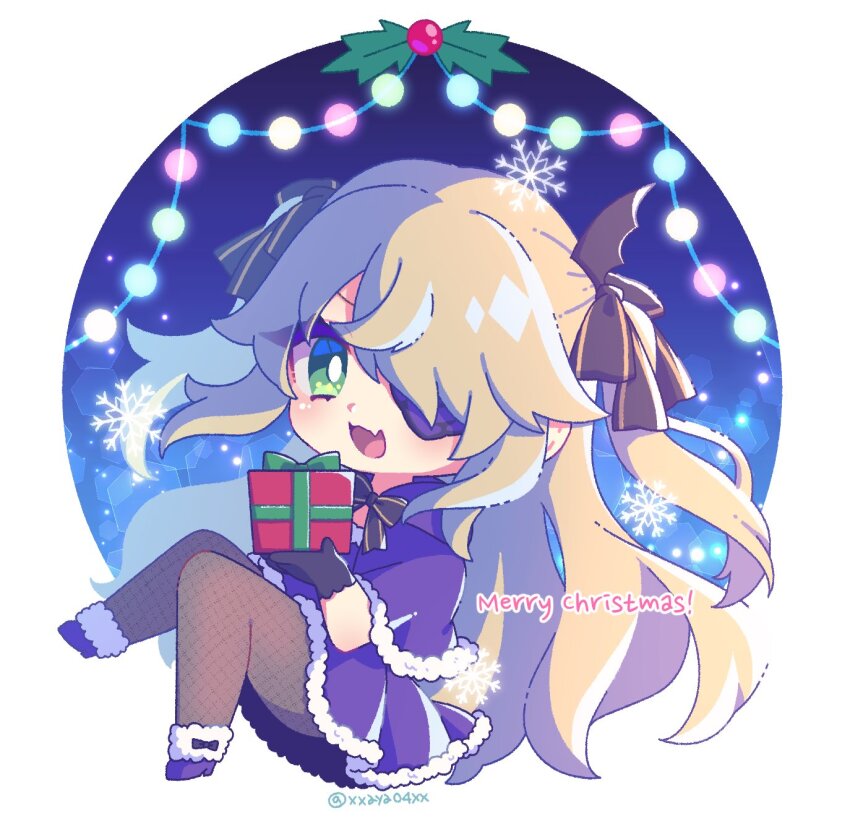 1girl, ayao_(axt1224), bat_ornament, black_ribbon, blonde_hair, blush, boots, bow, bowtie, box, capelet, chibi, christmas, christmas_lights, christmas_present, dress, eyepatch, fischl_(genshin_impact), fishnet_pantyhose, fishnets, fur-trimmed_boots, fur-trimmed_capelet, fur-trimmed_dress, fur_trim, genshin_impact, gift, gift_box, gloves, green_eyes, hair_over_one_eye, hair_ribbon, high_heels, highres, long_hair, looking_at_viewer, merry_christmas, mistletoe, open_mouth, outside_border, pantyhose, purple_boots, purple_bow, purple_bowtie, purple_dress, ribbon, round_border, santa_costume, santa_dress, simple_background, smile, snowflakes, solo, two_side_up, winter