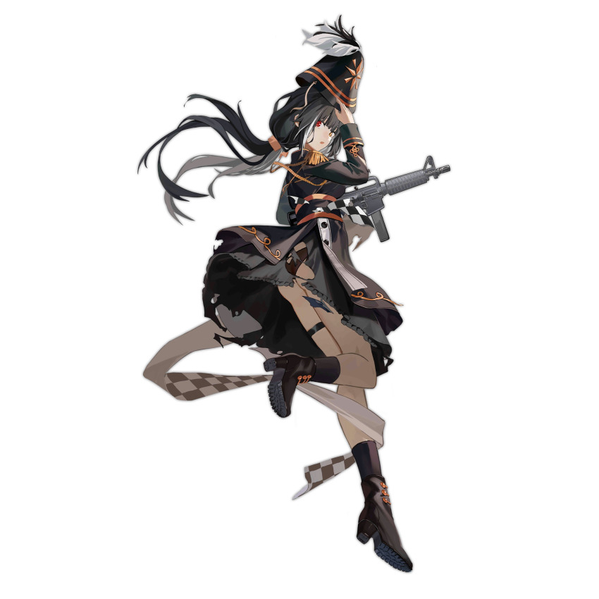 1girl, adjusting_clothes, adjusting_headwear, ass, black_boots, black_dress, black_hair, black_panties