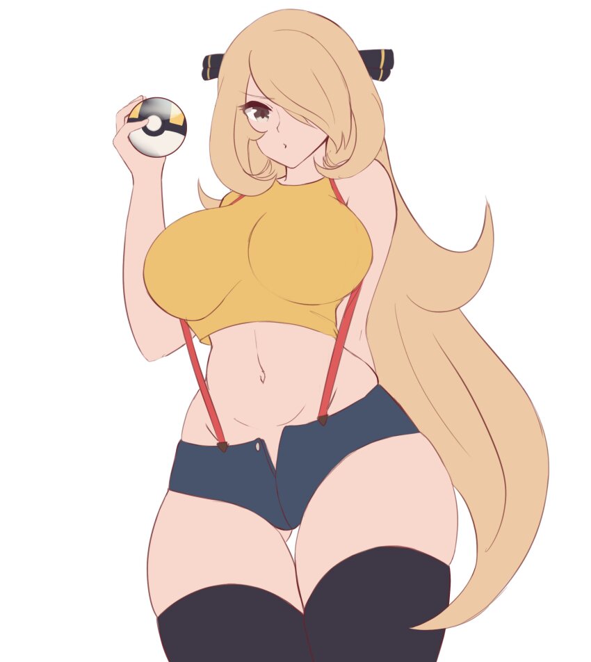 1girl, absurdres, arm_behind_back, blonde_hair, breasts, cosplay, cynthia_(pokemon), daymandraws, denim, denim_shorts, grey_eyes, highres, huge_breasts, long_hair, looking_at_viewer, midriff, misty_(pokemon), misty_(pokemon)_(cosplay), nintendo, poke_ball, pokemon, pokemon_(anime), pokemon_(classic_anime), pokemon_diamond/pearl/platinum, short_shorts, shorts, solo, suspenders, unbuttoned, unzipped, very_long_hair, wide_hips