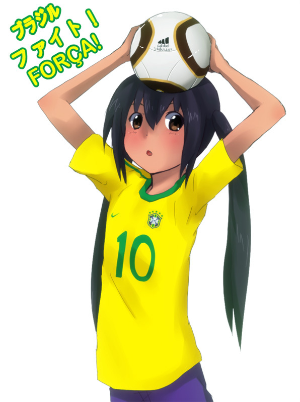 10s, 1girl, 2010, 2010_fifa_world_cup, adidas, arms_up, bad_id, bad_pixiv_id, ball, black_hair, blush, brazil, brown_eyes, clothes_writing, female_focus, flat_chest, izumi_(q!), jabulani, k-on!, long_hair, nakano_azusa, open_mouth, portuguese_text, soccer, soccer_ball, soccer_uniform, solo, sportswear, translated, twintails, world_cup