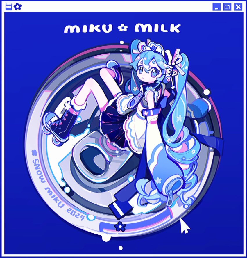 1girl, 2024, arm_support, black_skirt, blue_hair, blue_pupils, blue_theme, boots, can, character_name, cursor, detached_sleeves, drill_hair, drinking_straw, english_text, flower, flower-shaped_pupils, frilled_headwear, frilled_skirt, frills, from_above, full_body, hair_flower, hair_ornament, hatsune_miku, headphones, highres, hikimayu, knees_together_feet_apart, knees_up, long_hair, looking_at_viewer, looking_back, looking_up, multicolored_hair, open_mouth, pleated_skirt, purple_eyes, renzhi00334233, roller_skates, shirt, sitting, sitting_on_object, skates, skirt, sleeveless, sleeveless_shirt, sleeves_past_fingers, sleeves_past_wrists, solo, streaked_hair, symbol-shaped_pupils, twintails, very_long_hair, vocaloid, white_hair, window_(computing), yuki_miku, yuki_miku_(2024)_(applicant)