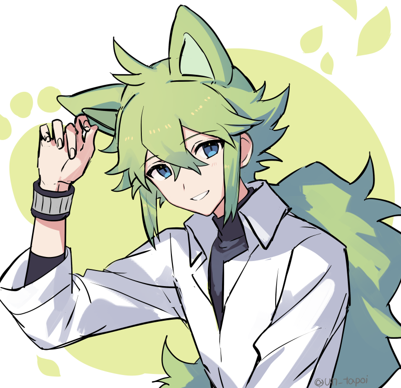 1boy, animal_ears, blue_eyes, collared_shirt, crossed_bangs, green_hair, hair_between_eyes, hand_up