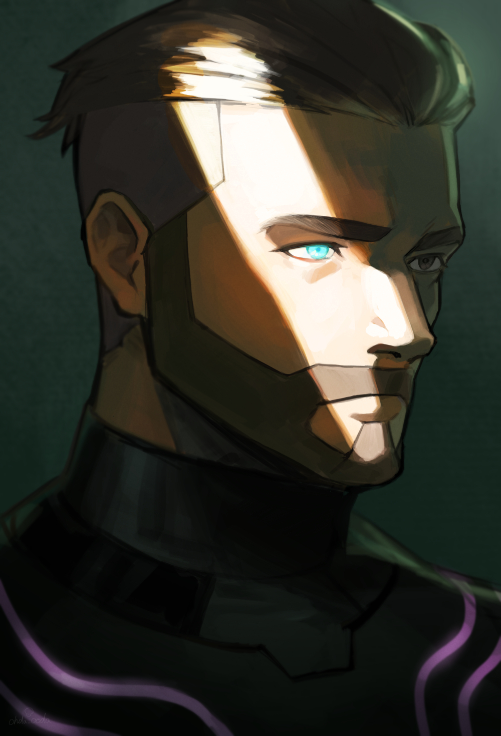 1boy, beard, black_bodysuit, bodysuit, brown_eyes, brown_hair, closed_mouth, crack_of_light