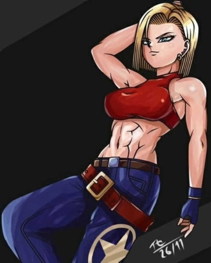 1girl, abs, android_18, arm_behind_head, armpits, artist_name, blonde_hair, blue_eyes