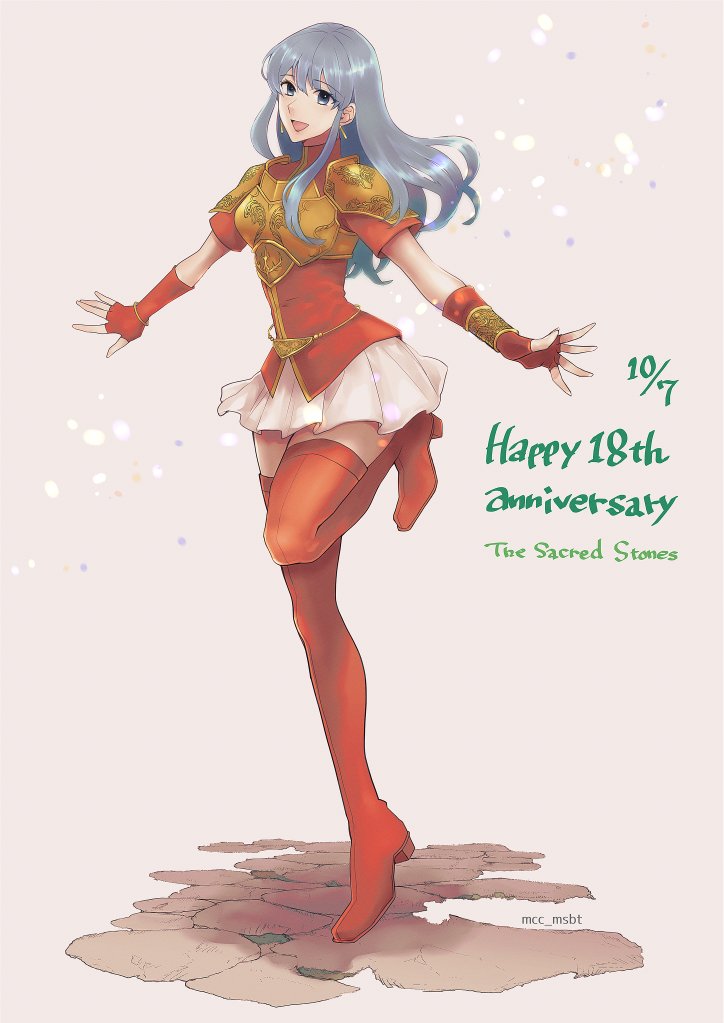 1girl, :d, anniversary, armor, blue_eyes, blue_hair, boots, bracelet, breastplate, earrings, eirika_(fire_emblem), fingerless_gloves, fire_emblem, fire_emblem:_the_sacred_stones, full_body, gloves, jewelry, leg_up, long_hair, looking_at_viewer, mcc_msbt, nintendo, open_mouth, red_gloves, red_shirt, shirt, short_sleeves, shoulder_armor, sidelocks, skirt, smile, solo, standing, standing_on_one_leg, thigh_boots, twitter_username, white_skirt