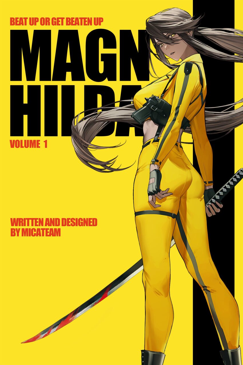 absurdres, beatrix_kiddo, beatrix_kiddo_(cosplay), blood, bloody_weapon, bodysuit, cosplay, dark-skinned_female