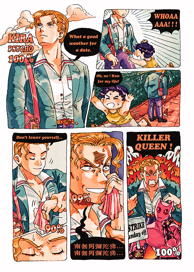 angry, blonde_hair, child, comic, diamond_wa_kudakenai, english_text, food, food_on_face