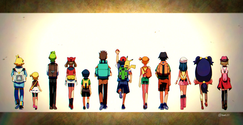 6+boys, 6+girls, arm_up, ash_ketchum, backpack, bag, beanie, bike_shorts