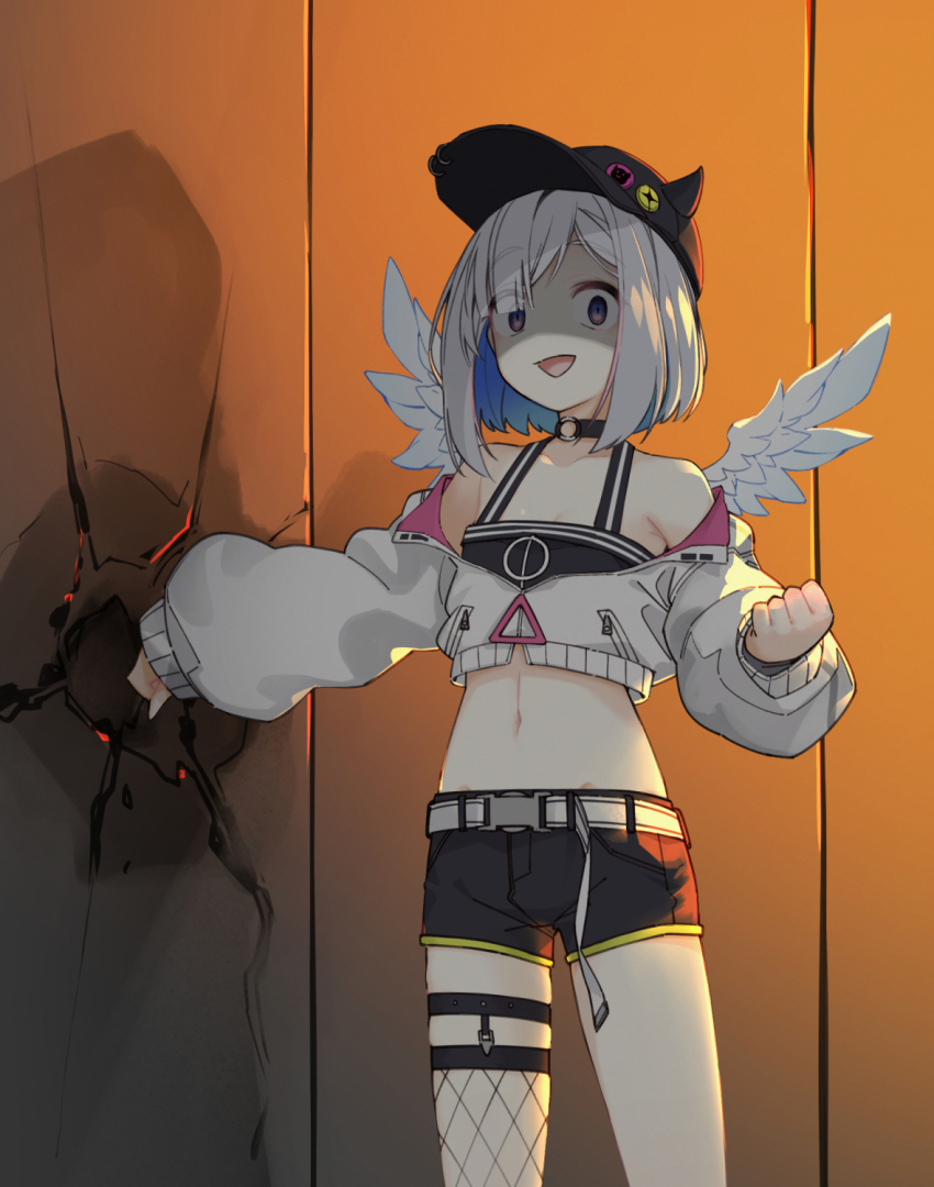 1girl, amane_kanata, angel_wings, asymmetrical_bangs, asymmetrical_hair, asymmetrical_legwear, baseball_cap, belt, black_choker, black_hat, black_shorts, black_tank_top, blue_hair, bob_cut, breasts, choker, clenched_hands, colored_inner_hair, commentary_request, cosplay, cowboy_shot, crack, cracked_wall, crazy_smile, crop_top, cropped_jacket, empty_eyes, evil_smile, fake_horns, feathered_wings, fishnet_thighhighs, fishnets, grey_hair, hair_over_one_eye, hat, highres, hololive, horned_headwear, horns, jacket, legwear_garter, long_sleeves, midriff, mini_wings, multicolored_hair, o-ring, o-ring_choker, off_shoulder, open_mouth, punching, purple_eyes, shaded_face, short_hair, short_shorts, shorts, single_hair_intake, single_legwear_garter, single_thighhigh, small_breasts, smile, solo, streaked_hair, tank_top, tenbin_gashira, thighhighs, tokoyami_towa, tokoyami_towa_(cosplay), uneven_legwear, virtual_youtuber, white_jacket, white_wings, wings