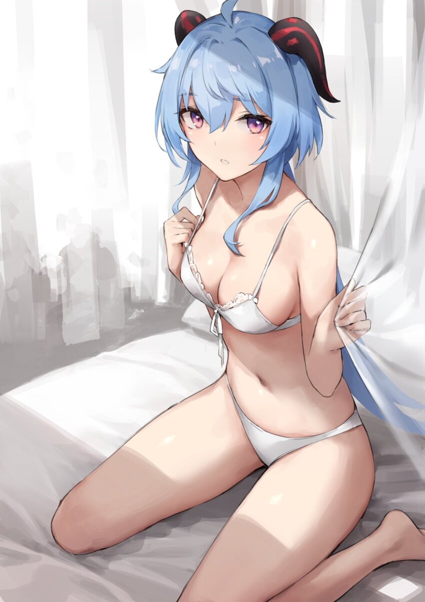 1girl, ahoge, bed, blue_hair, blush, bow, bra, breasts