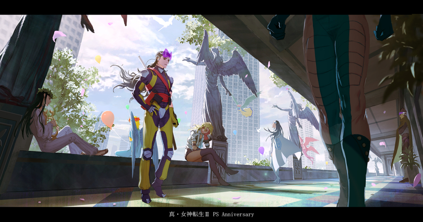 3girls, 6+boys, aleph_(megami_tensei), angel_(megami_tensei), angel_statue, angel_wings, aniel, balloon