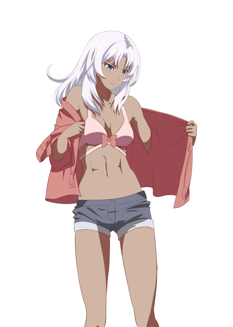 1girl, bikini, blue_eyes, breasts, cleavage, dark-skinned_female, dark_skin, elma_(xenoblade_x)