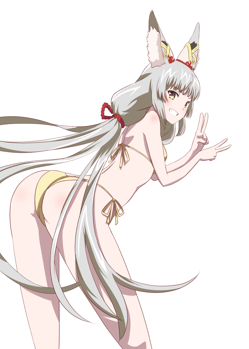 1girl, animal_ear_fluff, animal_ears, ass, bikini, grey_hair, kageyasu, looking_at_viewer