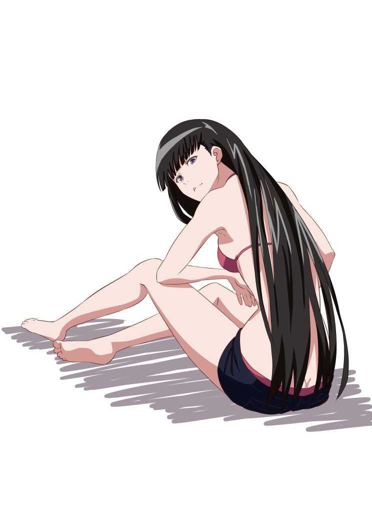 1girl, bikini, black_hair, kageyasu, long_hair, looking_at_viewer, looking_back, patroka_(xenoblade), simple_background, solo, swimsuit, white_background, xenoblade_chronicles_(series), xenoblade_chronicles_2