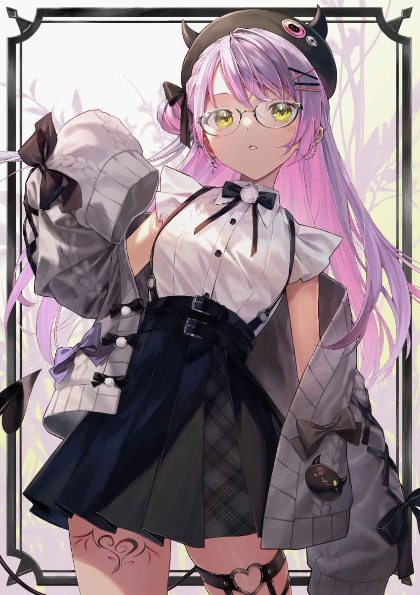 1girl, black-framed_eyewear, black_ribbon, black_skirt, blush, cardigan, collared_shirt, demon_tail
