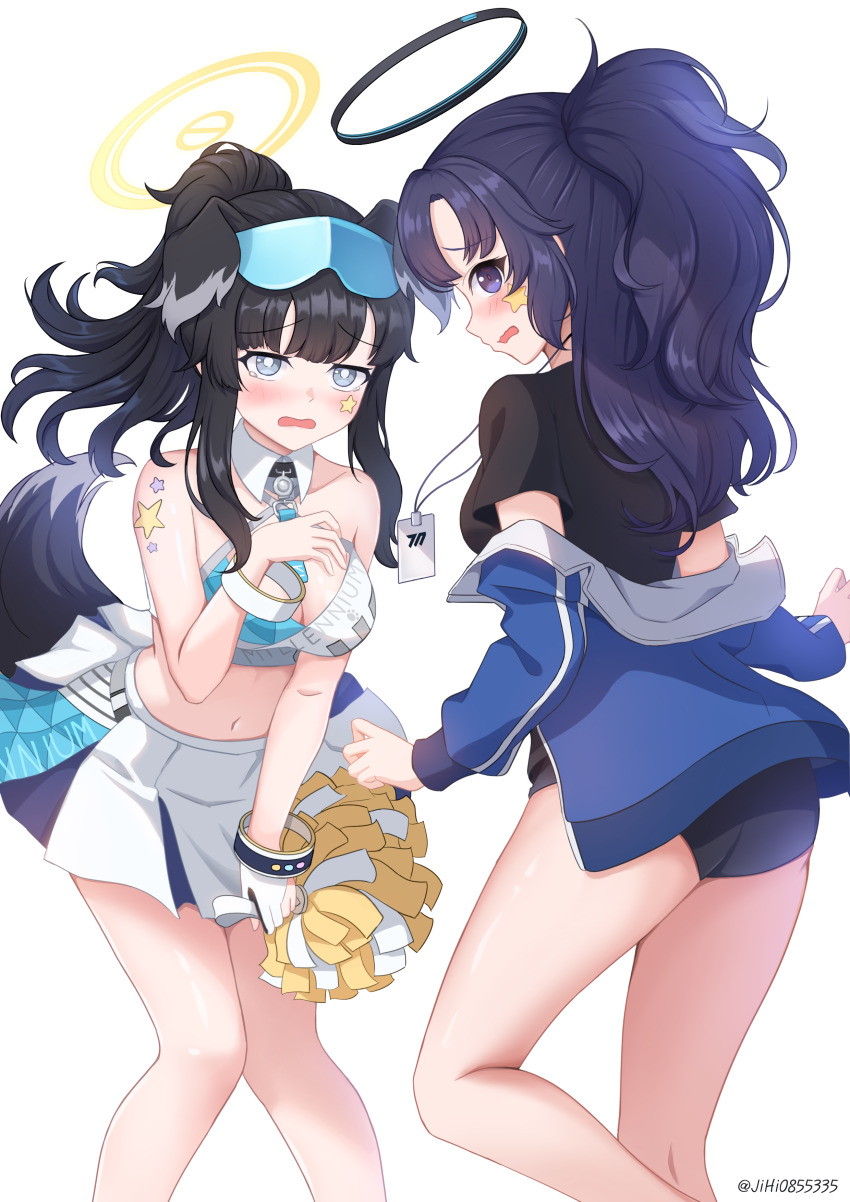 2girls, absurdres, animal_ears, arm_tattoo, ass, back, black_hair, blue_archive