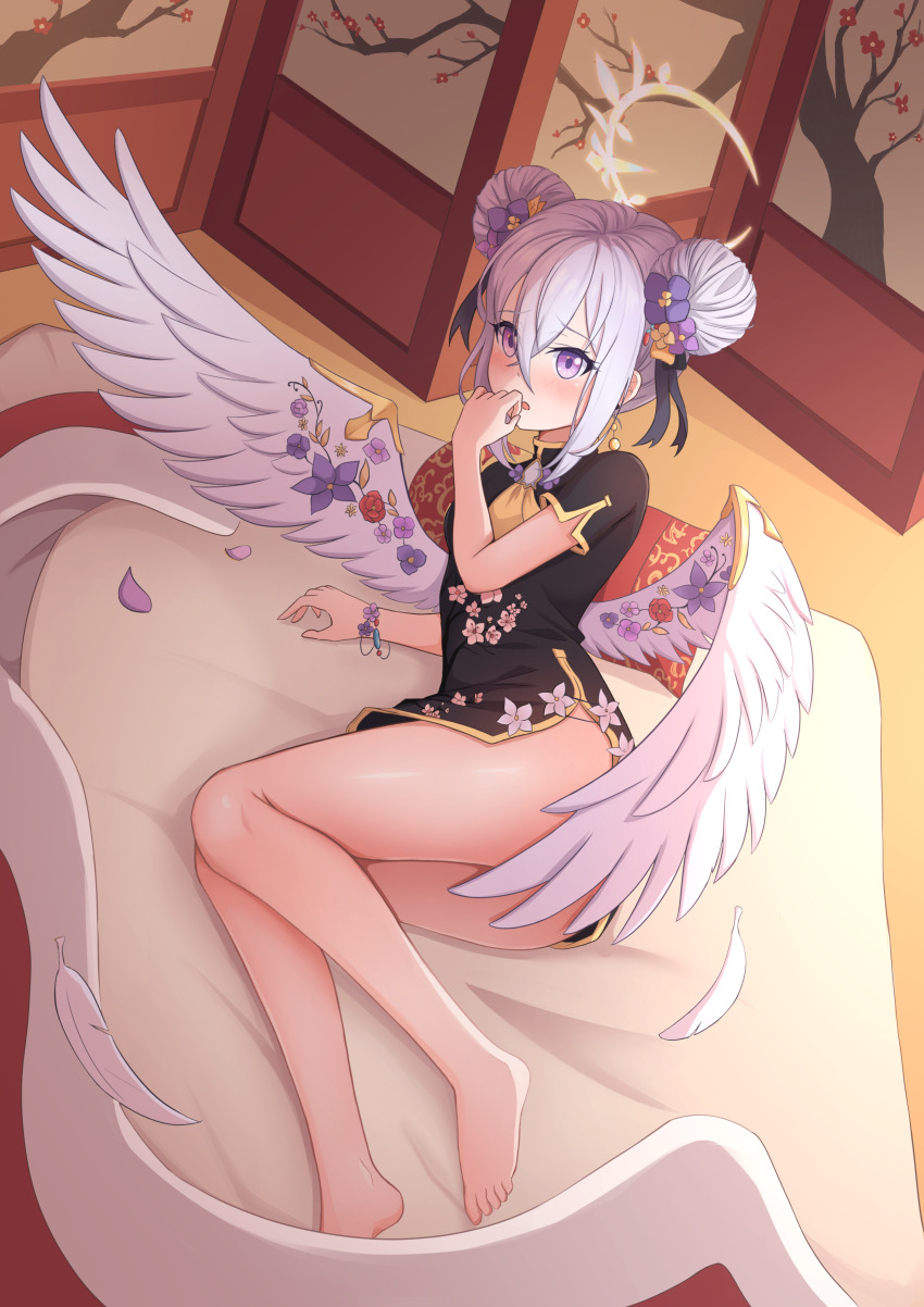 1girl, absurdres, alternate_costume, alternate_hairstyle, angel_wings, architecture, ass, azusa_(blue_archive)