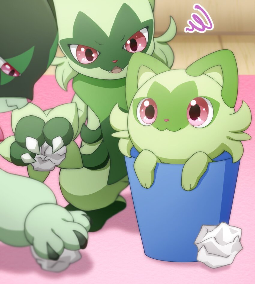 :3, claws, closed_mouth, commentary_request, crumpled_paper, evolutionary_line, fangs, floragato