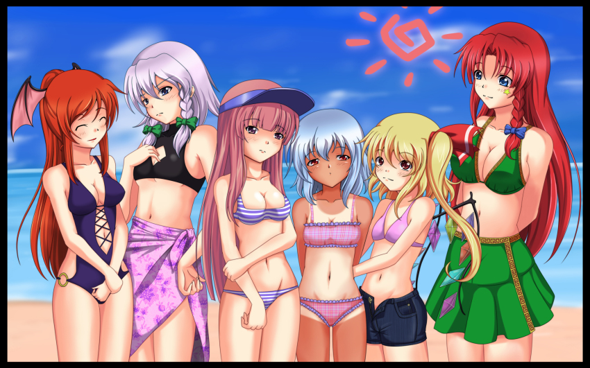 6+girls, aitsugawa_rui, bat_wings, beach, bikini, blonde_hair, blue_eyes, blue_hair