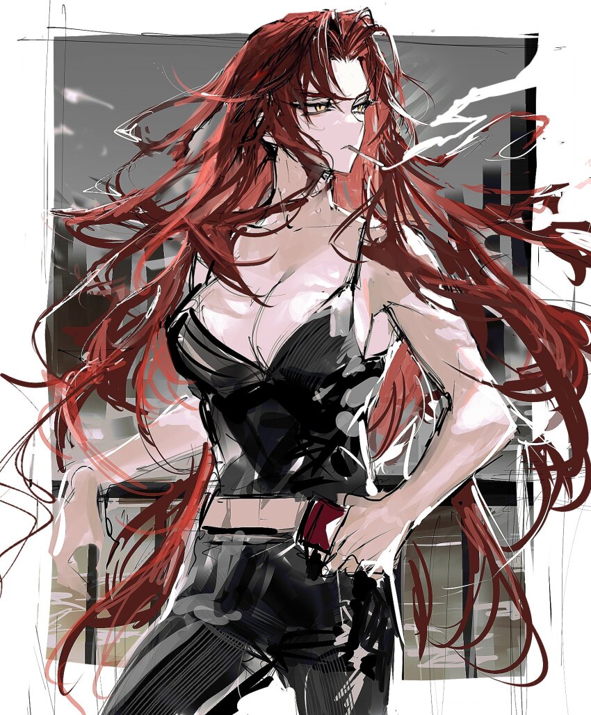 1girl, against_railing, bare_shoulders, belt, black_panties, black_tank_top, breasts, cigarette, cleavage, highres, kali_(project_moon), large_breasts, library_of_ruina, looking_at_viewer, panties, project_moon, railing, red_hair, remsrar, sideboob, sketch, smoking, solo, tank_top, underwear, white_belt