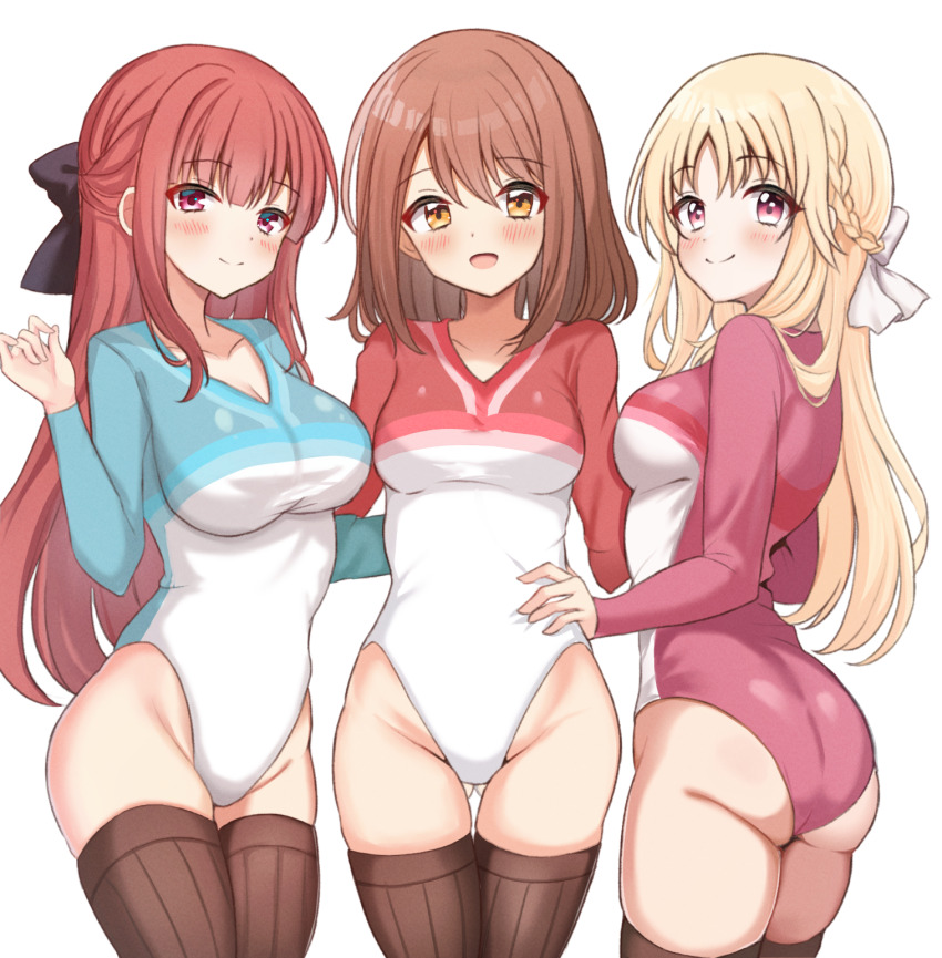3girls, amatsu_kanata, blonde_hair, braid, breasts, brown_hair, crown_braid, girlfriend_(kari)