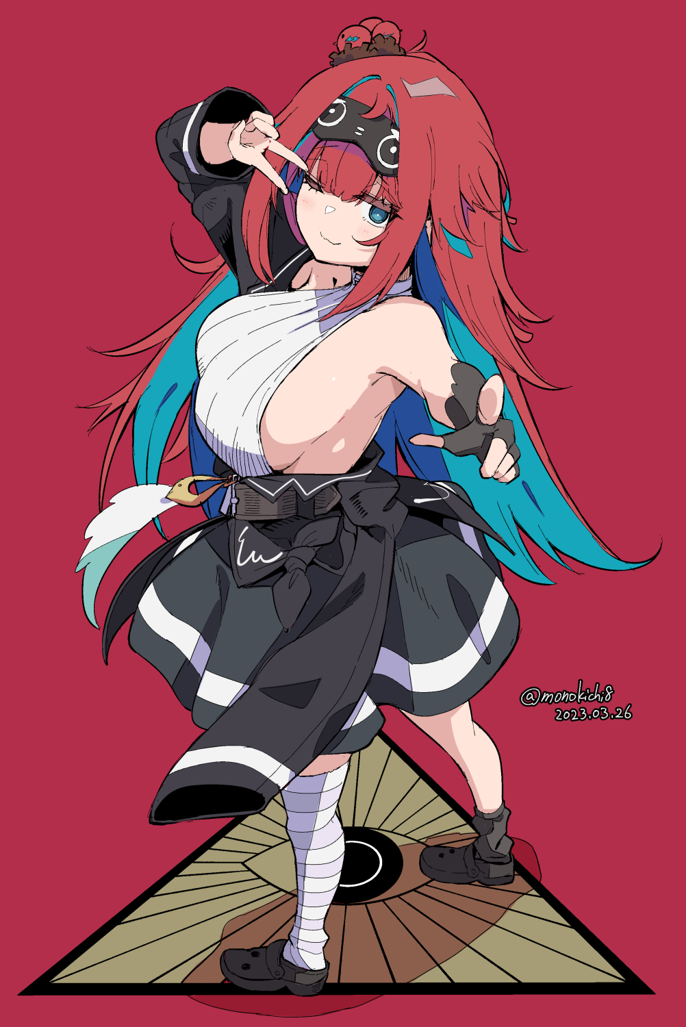 1girl, ;3, black_gloves, black_shoes, black_skirt, blue_eyes, blue_hair, breasts, clothes_around_waist, colored_inner_hair, dated, fingerless_gloves, gloves, highres, indie_virtual_youtuber, jacket, jacket_around_waist, kichihachi, large_breasts, long_hair, looking_at_viewer, multicolored_hair, mutsuki_memori, one_eye_closed, red_background, red_hair, shoes, simple_background, single_glove, single_thighhigh, skirt, smile, solo, striped_clothes, striped_thighhighs, thighhighs, twitter_username, v, virtual_youtuber