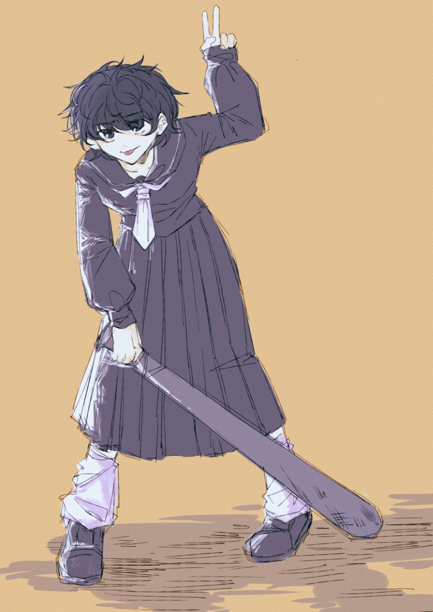 1girl, absurdres, alternate_hair_color, arm_up, baseball_bat, black_eyes, black_hair, black_sailor_collar, black_serafuku, black_shirt, black_shoes, black_skirt, delinquent, film_grain, highres, holding, holding_baseball_bat, isoi_rai, long_skirt, long_sleeves, neckerchief, pleated_skirt, saibou_shinkyoku, sailor_collar, sailor_shirt, school_uniform, serafuku, shirt, shoes, short_hair, sketch, skirt, socks, solo, sukeban, tongue, tongue_out, umobile, v, white_neckerchief, white_socks, yellow_background