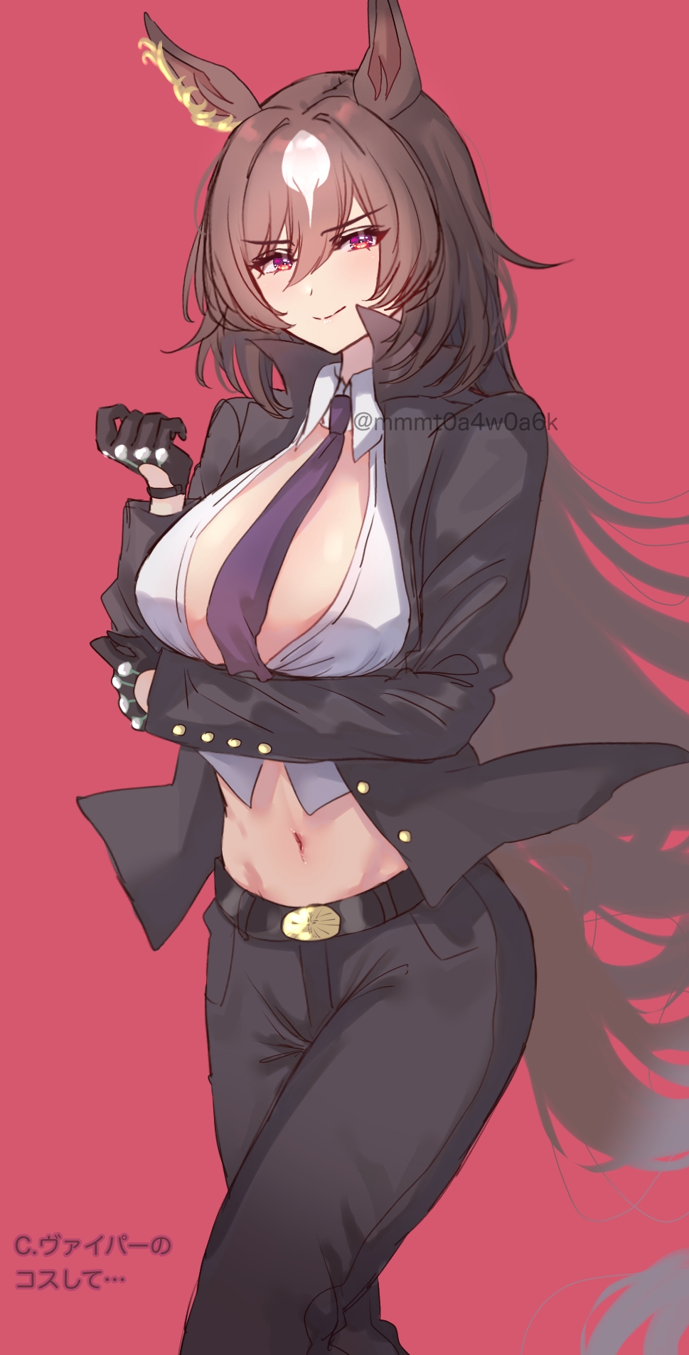 1girl, animal_ears, arm_under_breasts, belt, between_breasts, breasts, brown_hair, commentary_request