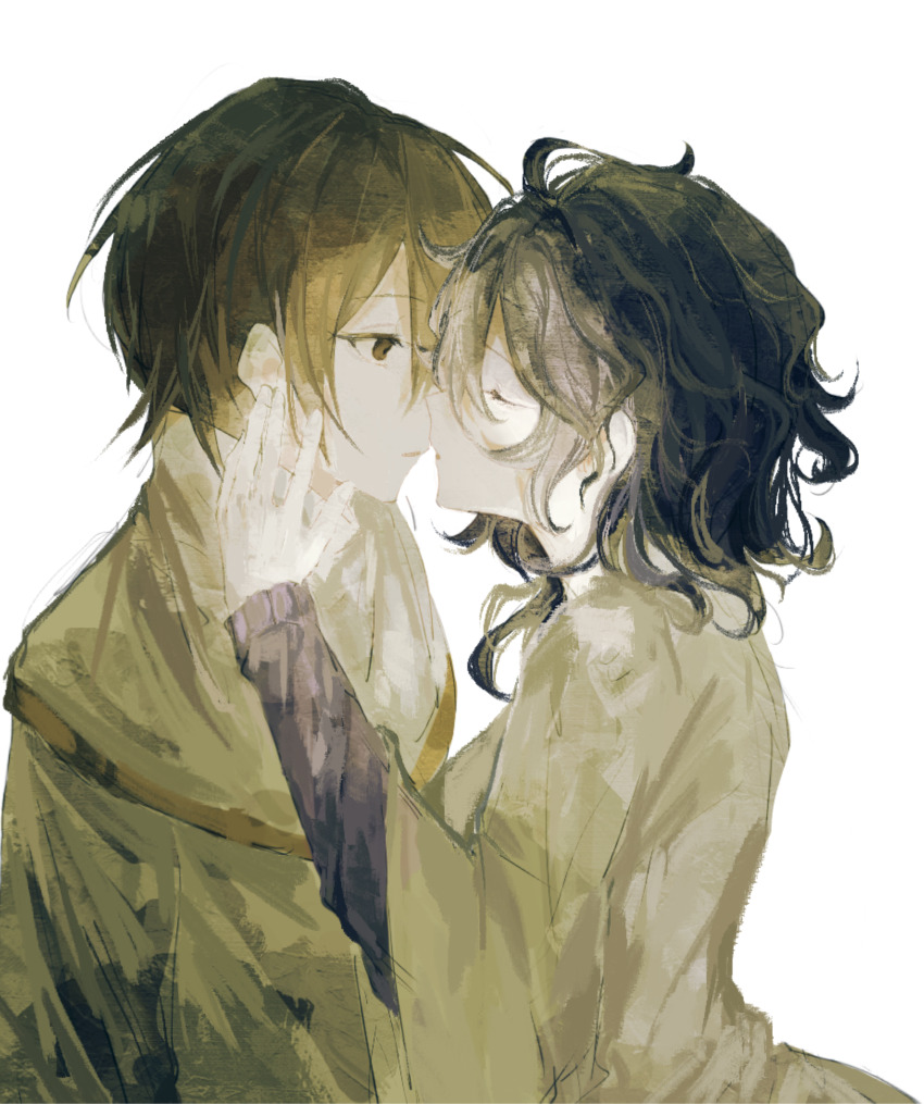 1boy, 1girl, absurdres, black_hair, brown_eyes, brown_hair, capelet, closed_eyes