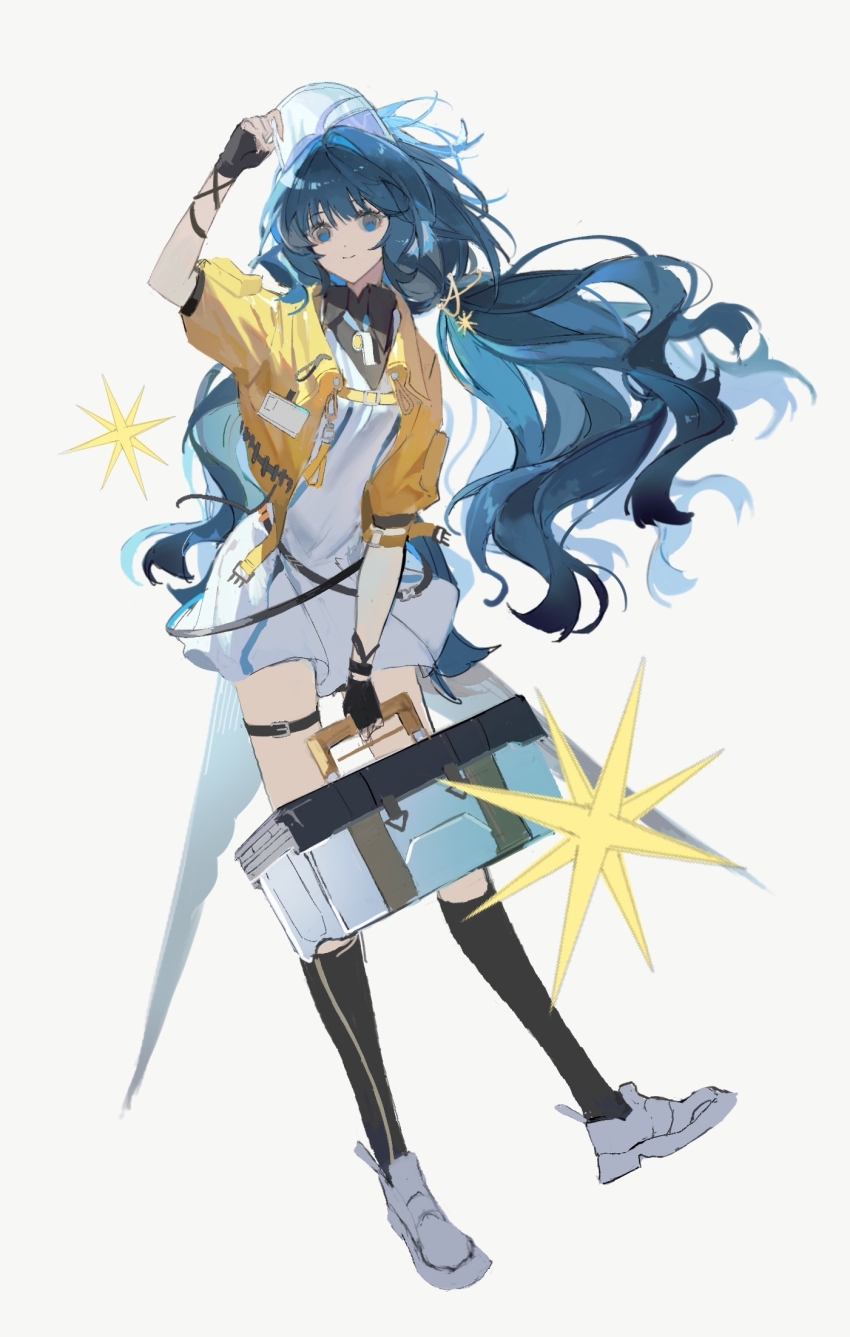 1girl, arknights, arm_up, astesia_(arknights), astesia_(fantastic_crafts)_(arknights), black_gloves, black_shirt, black_socks, blue_eyes, blue_hair, box, closed_mouth, dress, fingerless_gloves, floating_hair, full_body, gloves, heqing, highres, holding, holding_box, jacket, kneehighs, long_hair, looking_at_viewer, official_alternate_costume, open_clothes, open_jacket, shirt, shoes, short_sleeves, simple_background, smile, sneakers, socks, solo, star_(symbol), very_long_hair, visor_cap, wavy_hair, whistle, whistle_around_neck, white_background, white_dress, white_shoes, yellow_jacket
