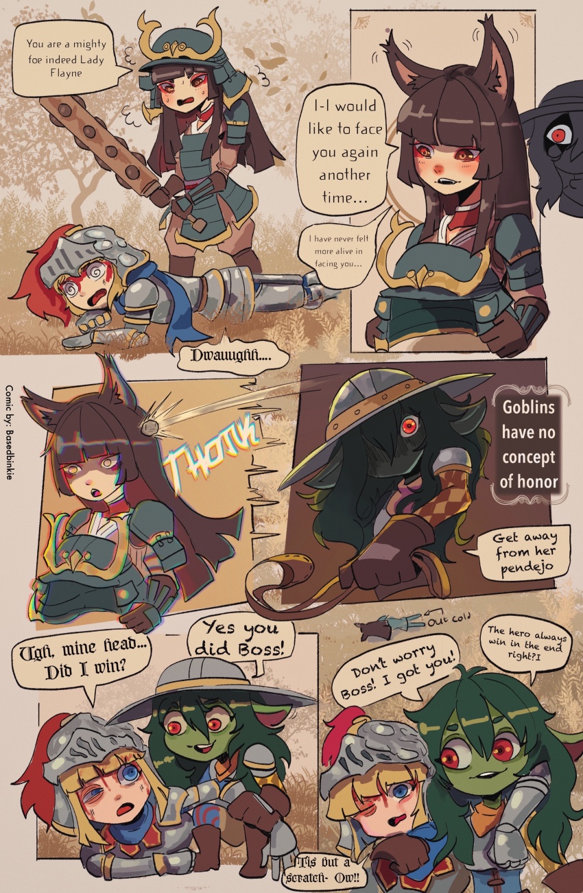 3girls, absurdres, armor, basedbinkie, black_hair, blonde_hair, blue_eyes, blush