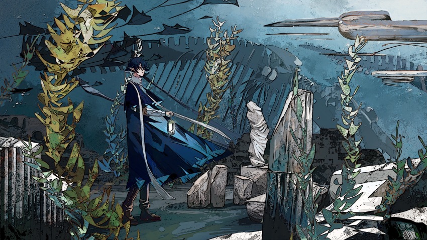 1boy, arknights, blue_coat, blue_hair, boots, broken_pillar, brown_boots, bubble, chinese_commentary, closed_mouth, coat, collared_shirt, commentary_request, ek276, expressionless, from_side, hair_over_one_eye, highres, holding, holding_lantern, kelp, lantern, long_sleeves, looking_ahead, lumen_(arknights), male_focus, manta_ray, one_eye_covered, pointy_ears, ribs, shirt, short_hair, skull, sleeve_cuffs, solo, underwater, white_shirt, yellow_eyes