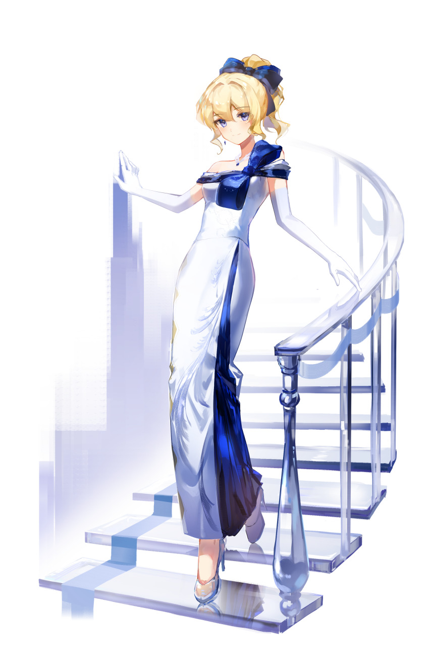 1girl, a_ji, absurdres, alternate_costume, blonde_hair, blue_bow, blue_eyes, blush