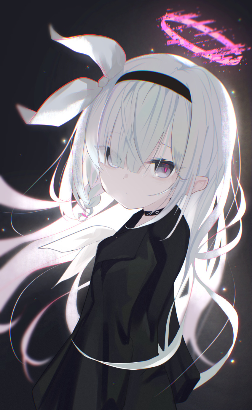 1girl, plana_(blue_archive), absurdres, black_background, black_hairband, black_serafuku, black_skirt, blue_archive