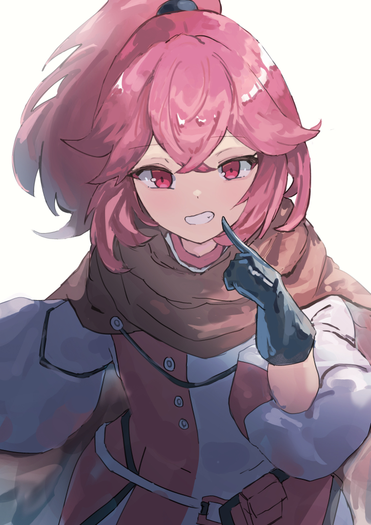 1girl, anna_(fire_emblem), anna_(fire_emblem_engage), black_gloves, brown_cape, cape, cola_bcde, commentary, dress, fire_emblem, fire_emblem_engage, gloves, grin, long_hair, long_sleeves, looking_at_viewer, nintendo, pink_eyes, pink_hair, ponytail, smile, solo, two-tone_dress, upper_body, white_dress