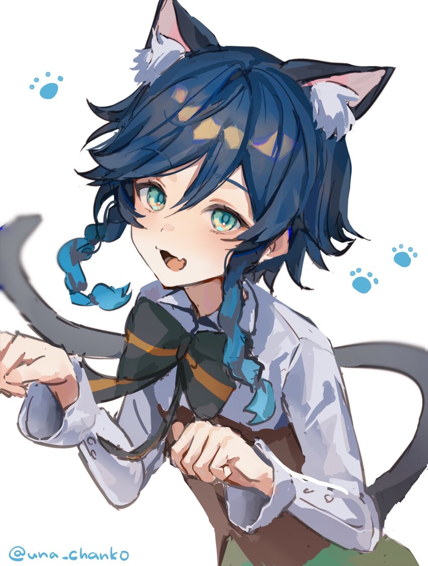 1boy, animal_ear_fluff, animal_ears, black_bow, black_bowtie, black_hair, blue_eyes, blue_hair