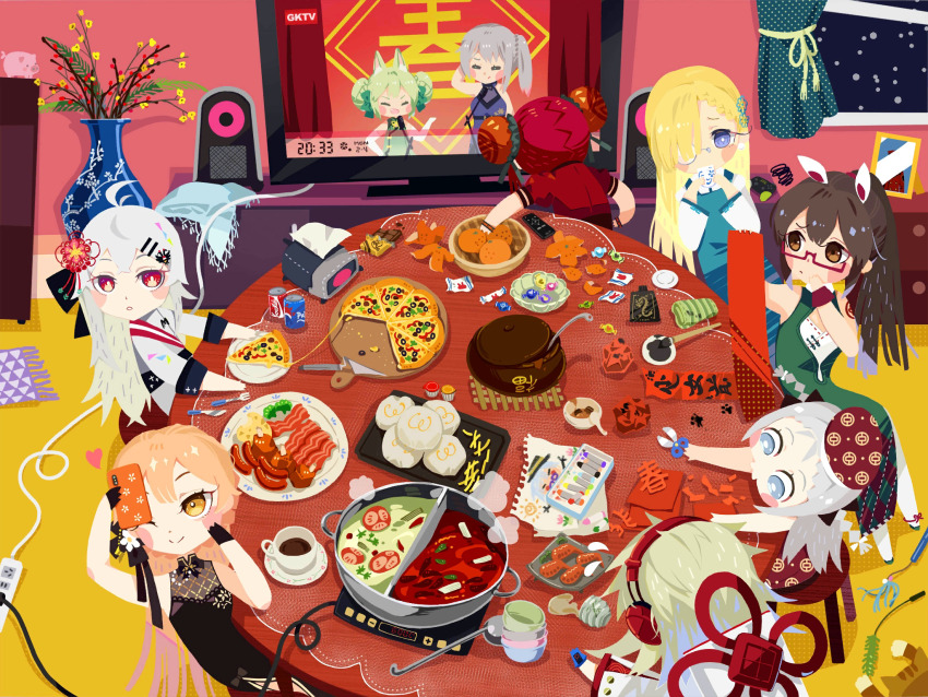 6+girls, ak-74u_(girls'_frontline), ak-74u_(lily_of_the_valley)_(girls'_frontline), animal_ears, art556_(girls'_frontline), art556_(white_cabbage)_(girls'_frontline), bacon, black_dress