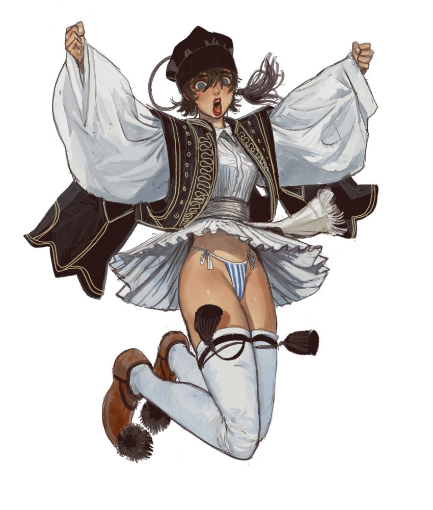 1girl, :o, arms_up, blue_eyes, brown_hair, brown_headwear, brown_shoes, clenched_hands, clothes_lift, dress, dress_lift, full_body, fustanella, greek_clothes, groin, highleg, highleg_panties, highres, jumping, legs_together, lips, lipstick, long_sleeves, looking_at_viewer, makeup, midair, miniskirt, mossacannibalis, nose, nostrils, open_mouth, original, outstretched_arms, panties, red_lips, sash, shirt, shoes, short_hair, side-tie_panties, simple_background, skirt, solo, striped_clothes, striped_panties, tareme, teeth, thighhighs, traditional_clothes, underwear, upper_teeth_only, white_background, white_shirt, white_thighhighs, wide_sleeves