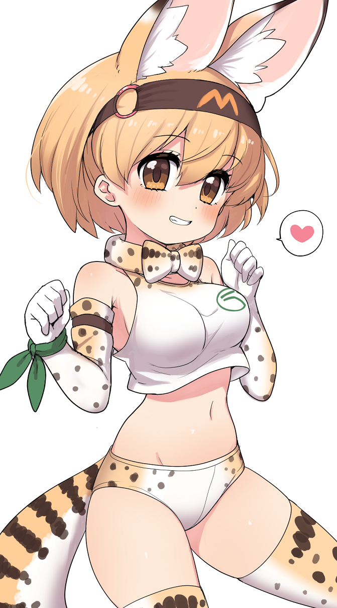 1girl, animal_ear_fluff, animal_ears, animal_print, bare_shoulders, blonde_hair, blush, bow, bowtie, breasts, brown_eyes, buruma, crop_top, elbow_gloves, extra_ears, gloves, grin, hair_between_eyes, hairband, heart, highres, japan_racing_association, kemono_friends, large_breasts, looking_at_viewer, midriff, navel, o-ring, print_bow, print_bowtie, print_buruma, print_gloves, print_thighhighs, ransusan, serval_(kemono_friends), shirt, short_hair, simple_background, sleeveless, sleeveless_shirt, smile, solo, spoken_heart, thighhighs, traditional_bowtie, white_background, wristband