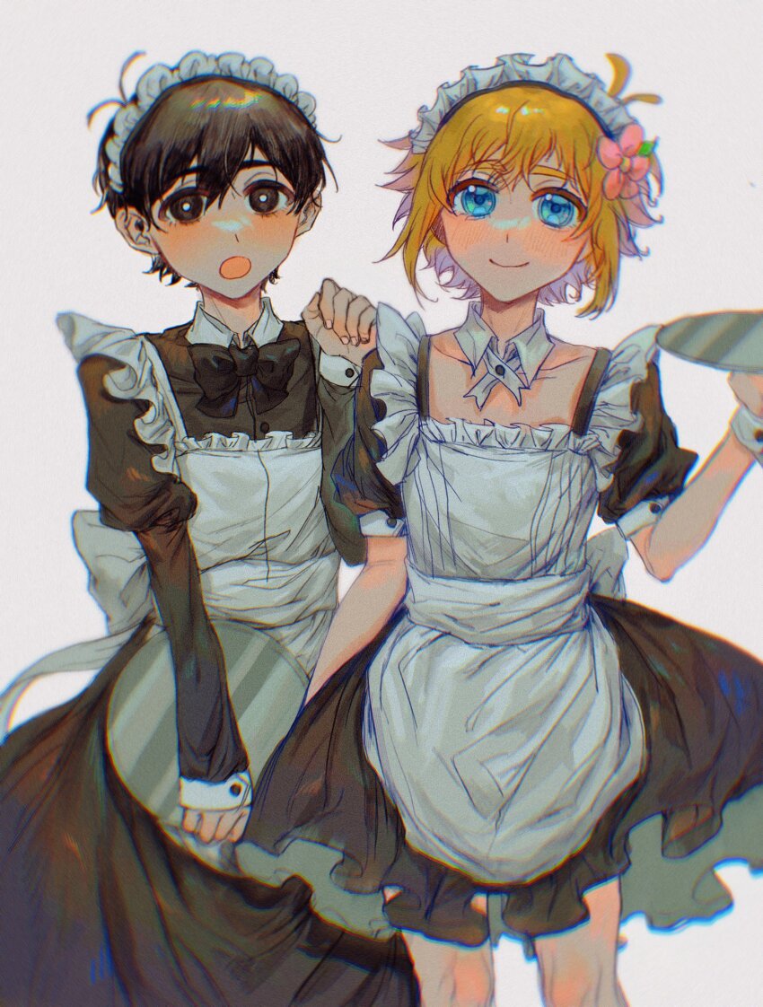 2boys, alternate_costume, apron, basil_(faraway)_(omori), basil_(omori), black_eyes, black_hair, blonde_hair, blue_eyes, blush, bright_pupils, closed_mouth, collarbone, crossdressing, crossdressing_(mtf), enmaided, flower, hair_flower, hair_ornament, highres, holding, holding_tray, long_sleeves, looking_at_viewer, maid, maid_apron, maid_headdress, multiple_boys, omori, open_mouth, puffy_long_sleeves, puffy_short_sleeves, puffy_sleeves, short_sleeves, smile, sunny_(omori), tray, white_pupils, wrist_cuffs, xiaorourose