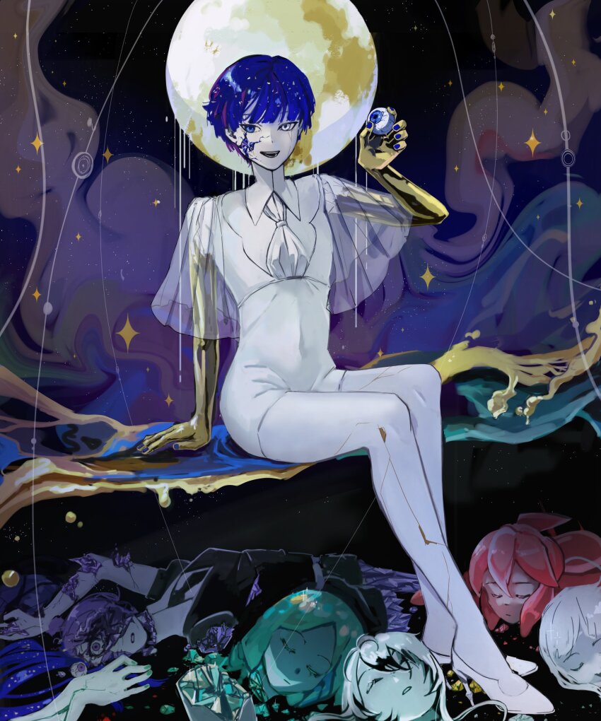 6+others, :d, absurdres, amethyst_(houseki_no_kuni), androgynous, antarcticite, aqua_gem, aqua_hair