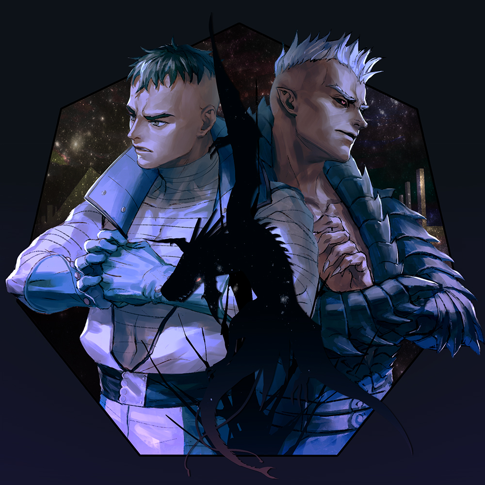 3boys, bandages, belt, black_jacket, black_pants, black_sclera, blue_gloves, buttons