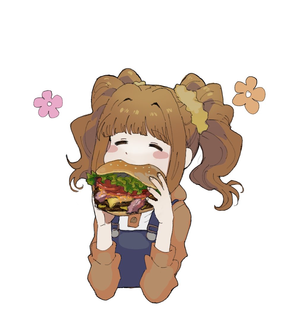 1girl, 8_8ghost, blush, brown_hair, burger, closed_eyes, cropped_torso, eating
