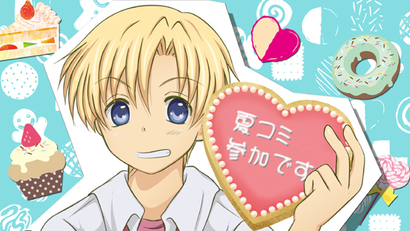 00s, 1boy, blonde_hair, blue_eyes, cake, cake_slice, candy, clannad, cupcake, donut, food, fruit, grin, heart, lollipop, male_focus, pastry, sakurai_arino, school_uniform, shaped_lollipop, short_hair, smile, solo, sprinkles, strawberry, sunohara_youhei, swirl_lollipop, upper_body