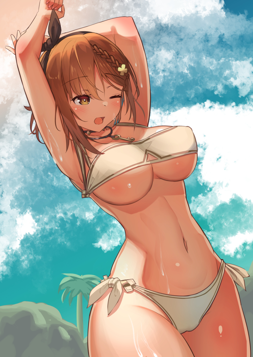 1girl, armpits, arms_up, atelier_(series), atelier_ryza, atelier_ryza_2, bikini, black_hairband, blurry, blurry_background, braid, breasts, brown_bikini, brown_eyes, brown_hair, cloud, commentary_request, hair_between_eyes, hair_ornament, hairband, hairpin, highres, jewelry, key, key_necklace, large_breasts, looking_down, navel, necklace, one_eye_closed, open_mouth, outdoors, palm_tree, reisalin_stout, shiny_skin, short_hair, side-tie_bikini_bottom, sky, solo, swimsuit, tree, underboob, wet, yuutopia
