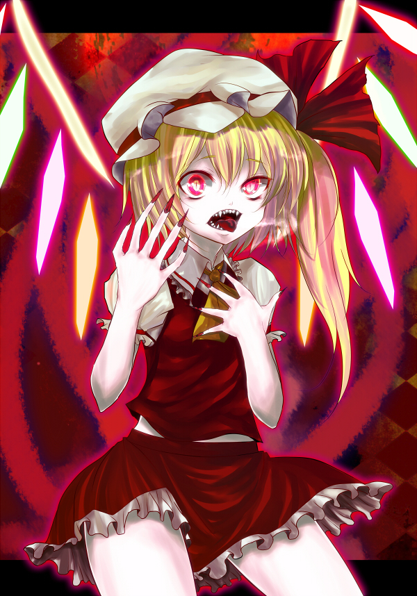 1girl, blonde_hair, blouse, collared_shirt, embodiment_of_scarlet_devil, female_focus, fingernails, flandre_scarlet