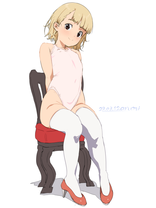1girl, baba_arumi, black_eyes, blonde_hair, blush, chair, dated, female_focus