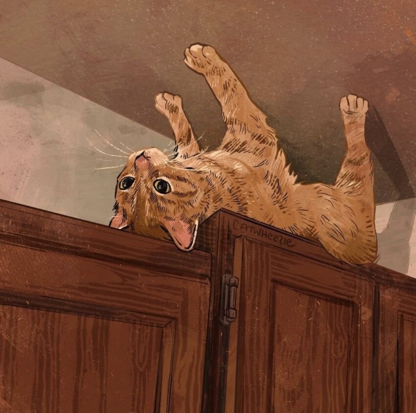 artist_name, cabinet, cat, catwheezie, ceiling, indoors, looking_at_viewer, lying