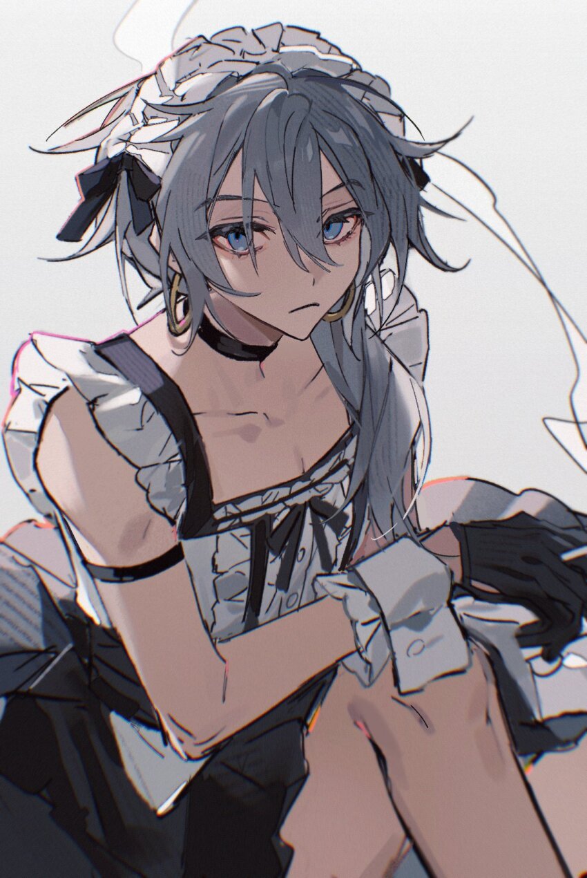 1boy, black_choker, black_gloves, blue_eyes, choker, cigarette, closed_mouth, crossdressing